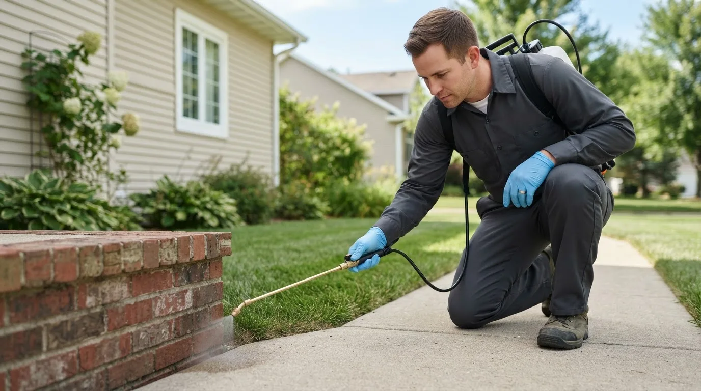 Pest control technician treating a home near Amasa, MI