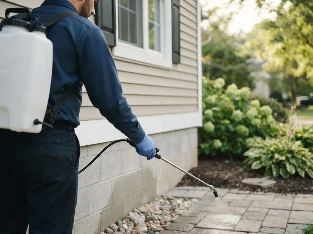 Pest control technician inspecting a home in Amasa, MI